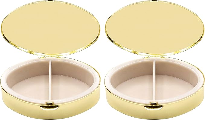 Set of 2 Oval-Shaped Pocket Purse Pill Box & Organizer with Dual Compartments (Gold Waves)