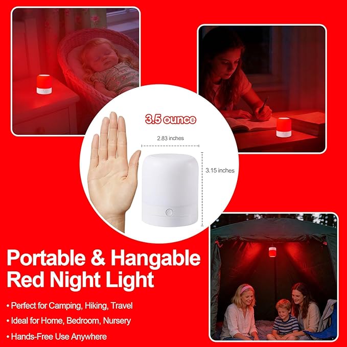 670nm Red Light Night Light Lamp for Sleep - Zero Blue Light, Touch & Remote Control, 4 Color Modes Rechargeable Dimmable Portable Hangable Lamp with Timer for Bedroom Nursery Camping
