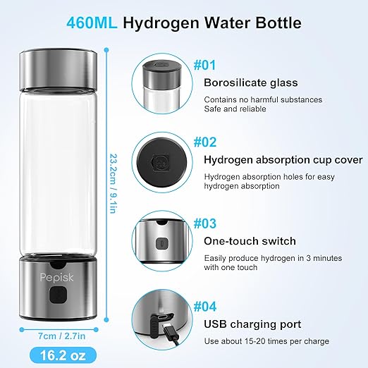 Hydrogen Water Generator Bottles, Hydrogenated Water Bottle with SPE PEM Technology, 460ml(16OZ) Hydrogen Water Bottle Generator for Home, Office, and Travel-Certified H2 Generator-Gift Box