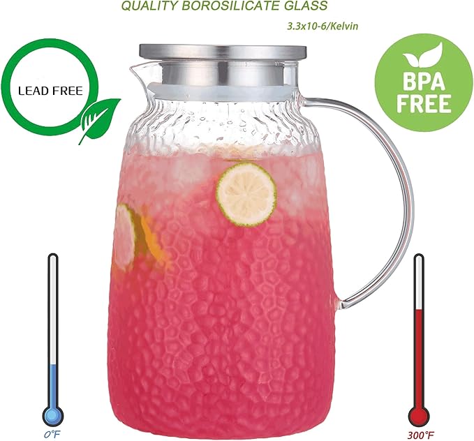 Purefold 105 oz Glass Water Pitcher with Lid, Heat Resistant Borosilicate Jug for Iced Tea, Juice, Milk, Cold or Hot Beverages, Large Caliber Pitchers Easy Clean