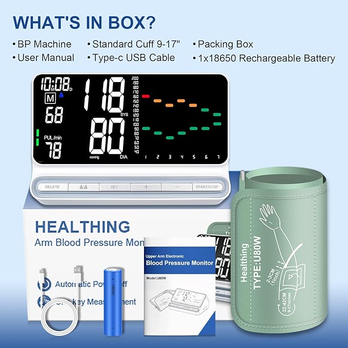 Blood Pressure Monitor for Home – Large Backlit Screen with Trend Curve, Rechargeable Upper Arm BP Machine, Accurate Readings, 180 Memory for 2 Users, Digital Machine with Comfortable Large Cuff