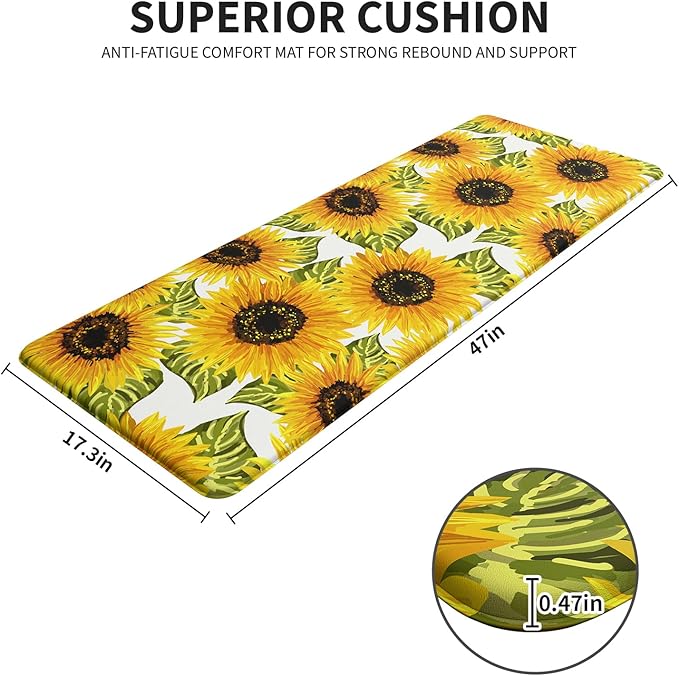 Sunflower Kitchen Mats for Floor - Anti Fatigue Mats for Kitchen Floor, Cushioned Non-Skid Washable Memory Foam Rug for Office, Sink, Laundry (17.3"×47"×0.47")
