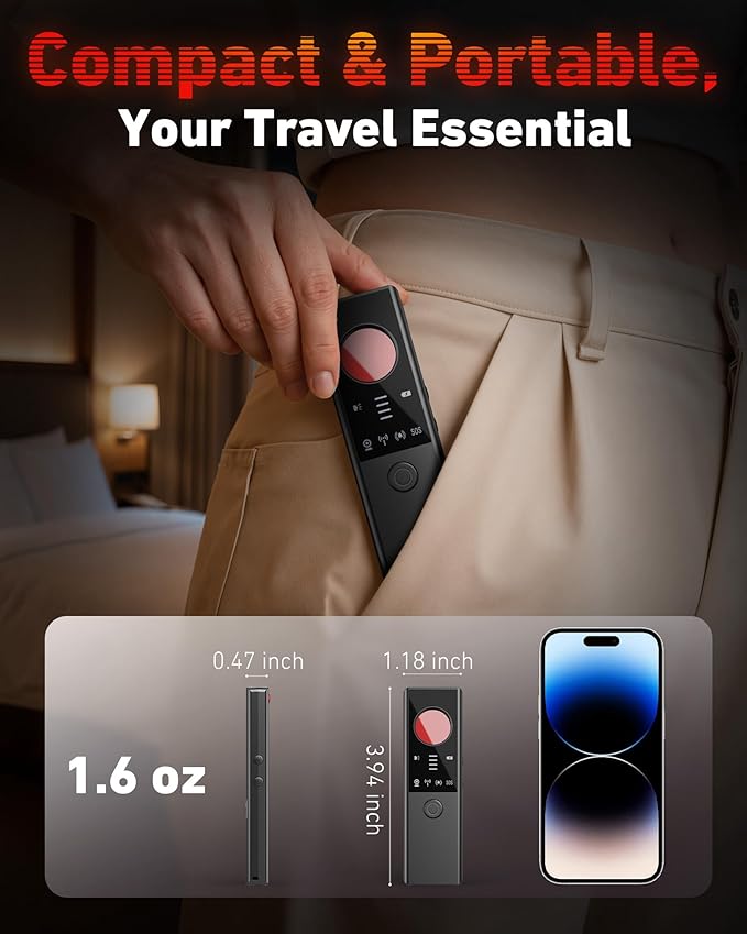 Anti-Spy Hidden Camera Detector - 6-in-1 GPS Tracker & Bug Detector, Signal Scanner, Rechargeable Privacy Protector for Solo Users/Hotel/Office/Home/Car with Intrusion Alert & SOS Flash Alert,Black