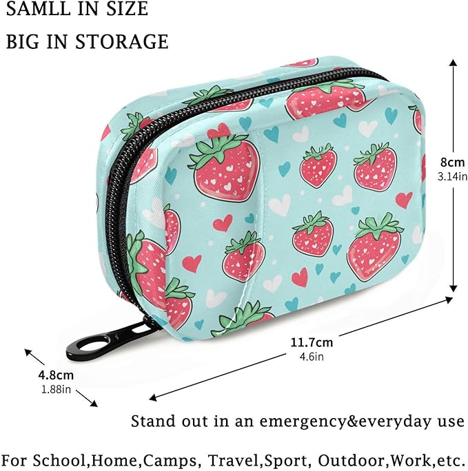 Fustylead Cute Cartoon Strawberry and Little Hearts Pill Organizer for Purse, Weekly Portable Pill Box with Zipper to Storage Vitamins Fish Oils Medications Supplements