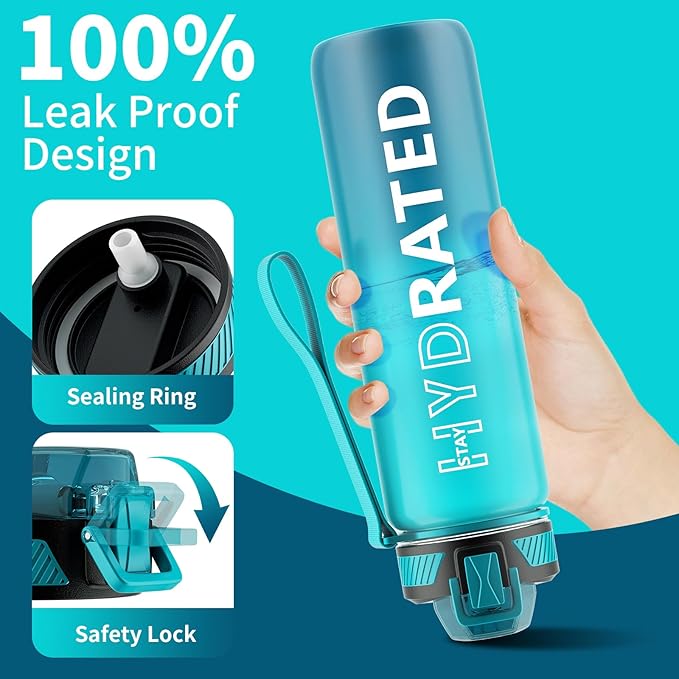 Water Bottle with Straw, 27oz Motivational Water Bottles with Time Marker to Drink, Tritan BPA Free, 750ml Sports Water Bottle with Carry Strap LeakProof for School Fitness Outdoor (1Pack)