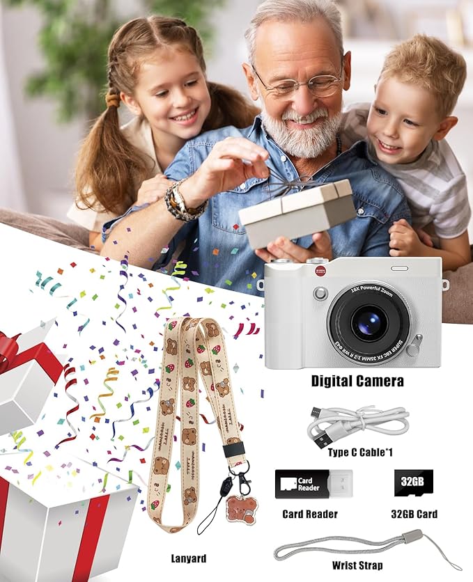 Kids Digital Camera 64MP 1080P 2.4" Flip Screen 32GB SD Card Camera for Kids Girls Toys 3-12 Year Old Girl Gifts