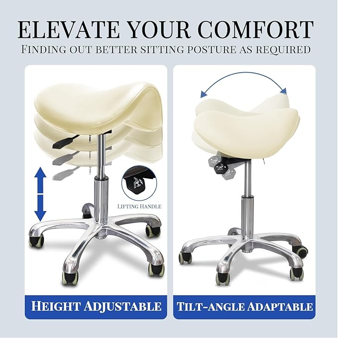 Saddle Stool with Wheels,Rolling Stool,Rolling Chair Ergonomic Swivel Rolling Chair with Hydraulic Lifting Height Adjustable Rolling for Office Medical Massage Salon Drafting(White)