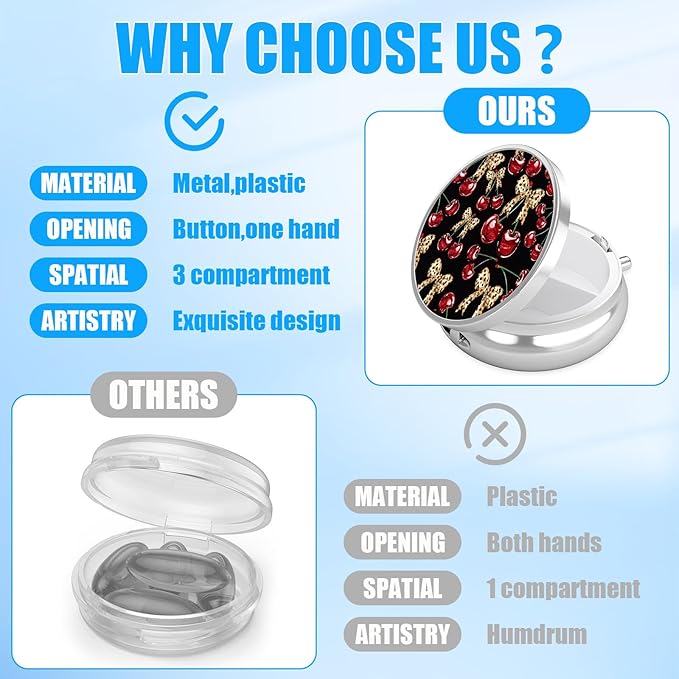 Leopard Bow Cherry Pill Case, Pill Box 3 Compartments Metal Small Pill Holder with Mirror Mini Travel Pill Container for Purse Pocket Women Men