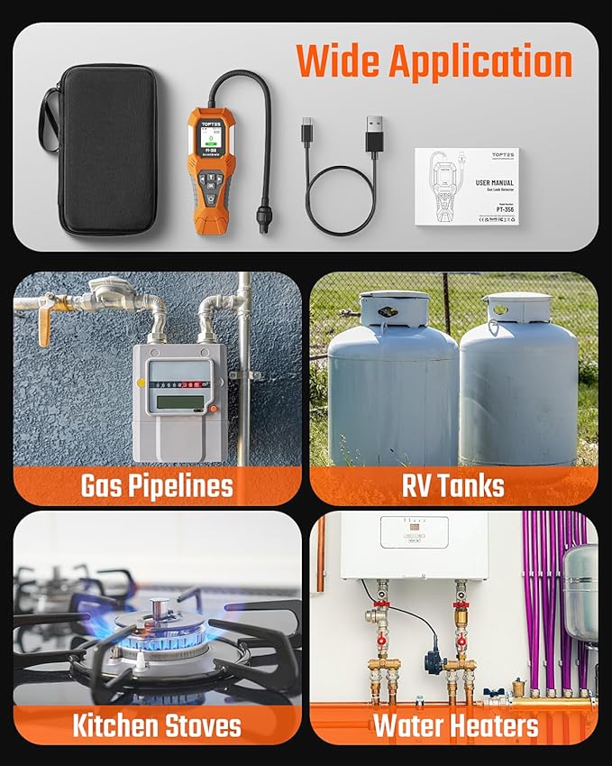TopTes PT-356 Rechargeable Natural Gas Detector with 10 inch Goose Neck, Detection Range 0-20% LEL, 3 Alarm System Gas Leak Detector with 2 Display Modes for Methane, Butane at Home or Industry
