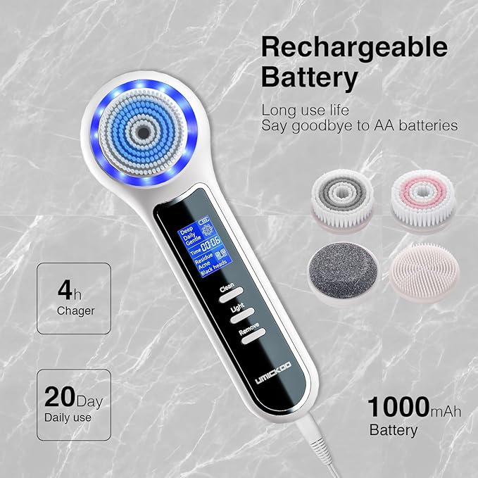 3 in 1 Facial Cleansing Brush & Blackhead Remover, Rechargeable Face Scrubber with LCD Screen, IPX7 Waterproof, Deep Pore Cleaning, Exfoliating & Massaging for All Skin Types