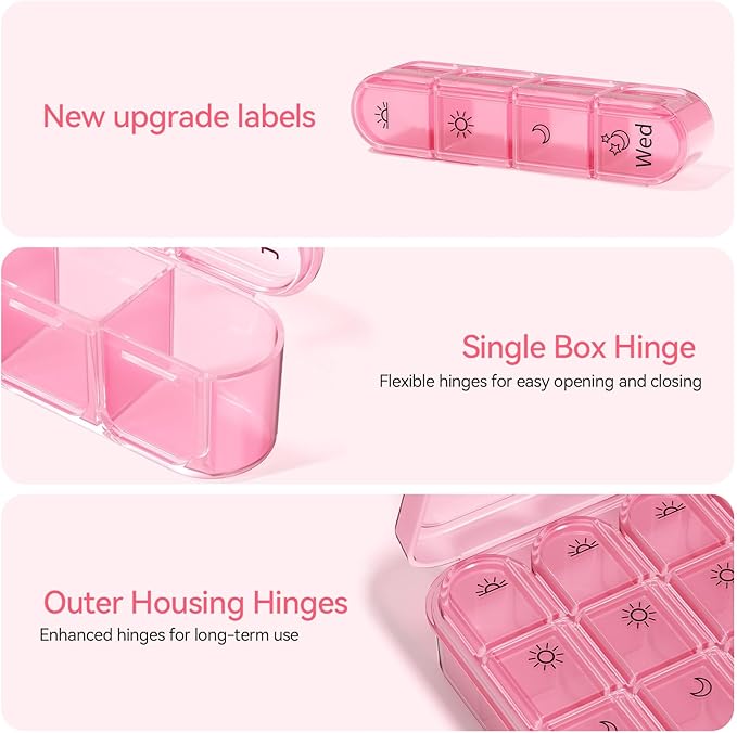 Zoksi Pill Organizer 4 Times a Day, BPA Free Weekly Travel Pill Box，Daily Pill Case with 28 Compartments to Hold Medicine, Vitamin and Supplement(Pink)