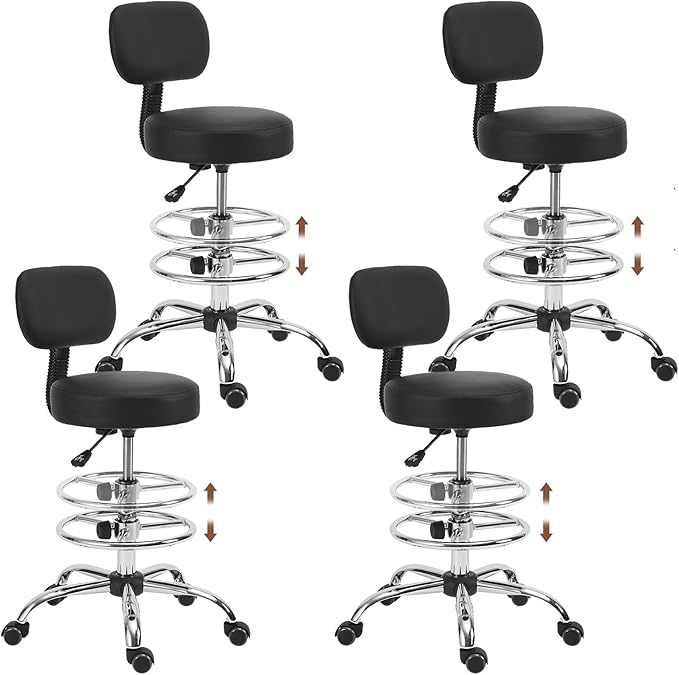 Drafting Stool Chair with Ergonomic Backrest & Footrest, Padded Leather Seat Adjustable Height 360° Swivel Rolling Stools, Tall Office Chair for Standing Desk, Counter, Medical, Black, 4 Pack