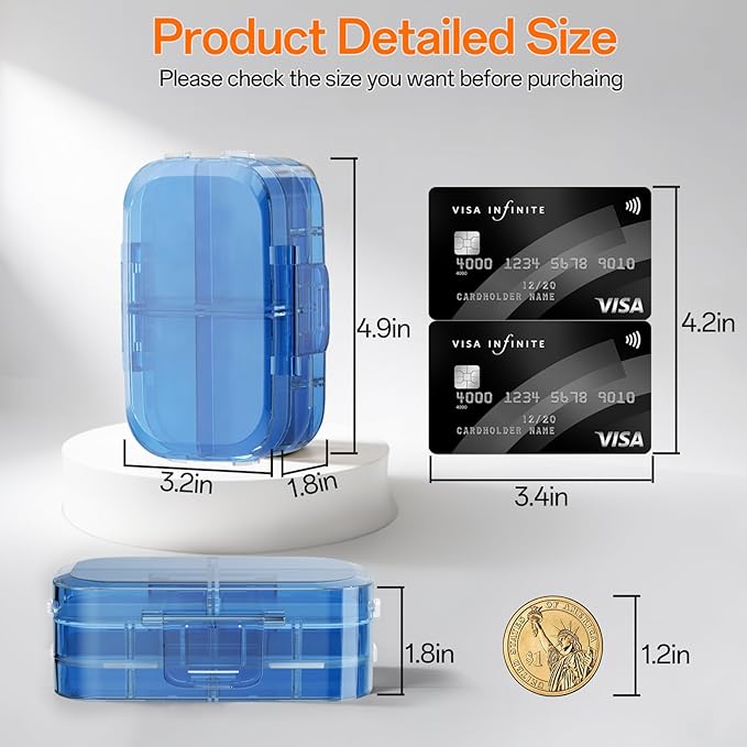 Foldable Travel Pill Organizer 3 Layers Large Capacity, Portable Pill Box Case with 9 Compartments for Medication Vitamins Supplements (Blue)