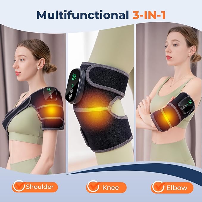 Cordless Heated Knee Massager, 3-in-1 Knee Heating Pad with Heat Vibration, Electric Heated Knee Brace with 3 Heat Levels and 3 Massage Modes &Timer, Gifts for Men Women (2 PCS)