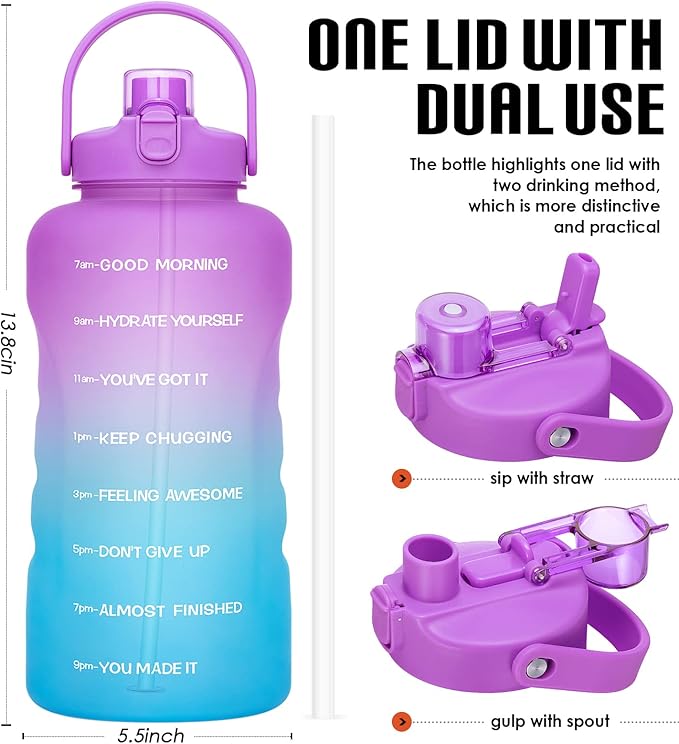 HydroPal 1 Gallon Water Bottles with Straw, 128 oz Water Bottle BPA Free Innovative 2-IN-1 Lid Gym Bottle with Times to Drink Motivational, Large for Sports Fitness Camping Water Jug （13.8X5.5 inch）