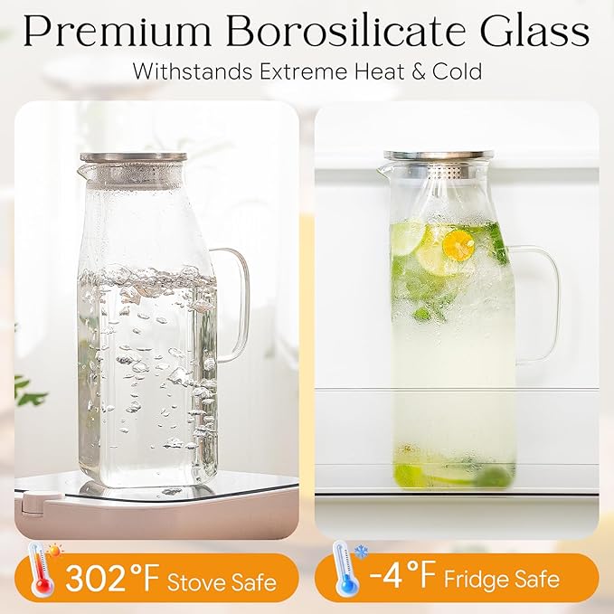 OneDream 68oz Square Glass Pitcher with Lid, 2 Pack Heat-Resistant Borosilicate Glass Water Pitcher, Wide Mouth Round Glass Pitcher with Handle, Leak-Proof Silicone-Edged Lid, for Iced Tea, Juice