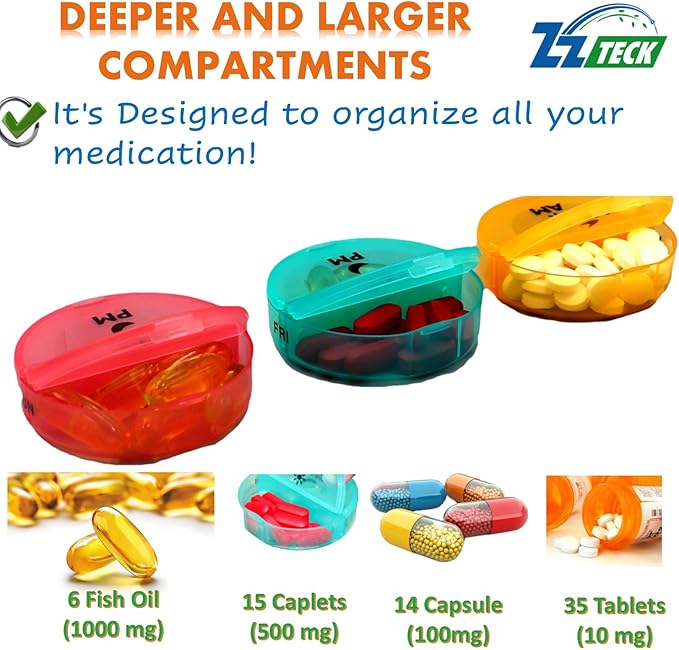 Small Pill Organizer 7 Day Weekly Tower Travel Pills Box Med Dispenser - 4 Times a Day AM PM Noon Night Medicine Container Medication and Vitamin Holder