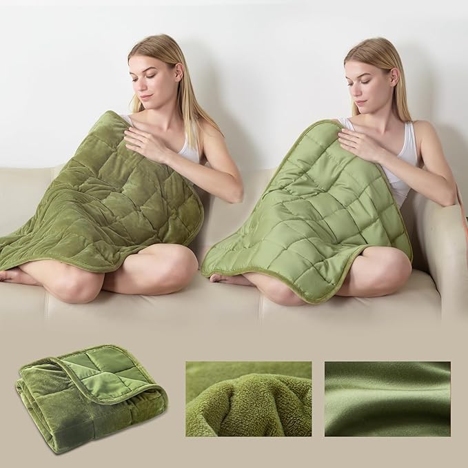 Small Weighted Blanket for Adults (Double-sided),Weighted Lap Pad 7lbs Throw for Travel,Calming,Relaxation-Reversible Warm Crystal Velvet and Cooling Tencel,Machine Washable,Green 29x24 inches