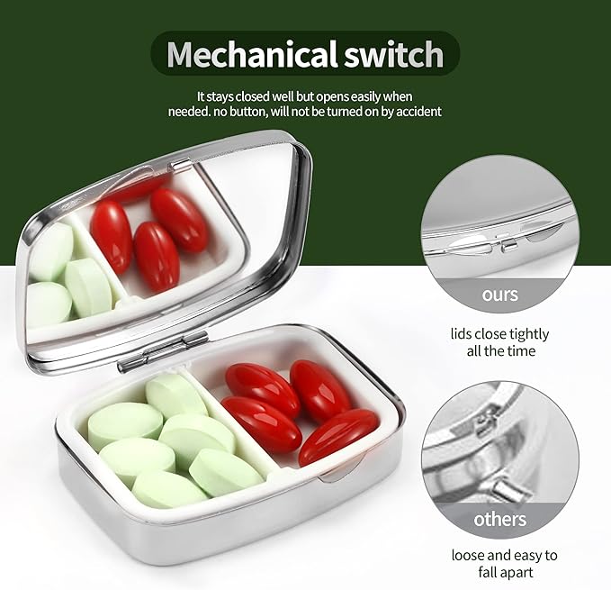 Dynippy Pill Case Pill Box with Mirror Retro Pocket 2 Compartment Medicine Case Vitamin Pill Organizer for Pocket Purse and Travel (Silver- Flower Water)