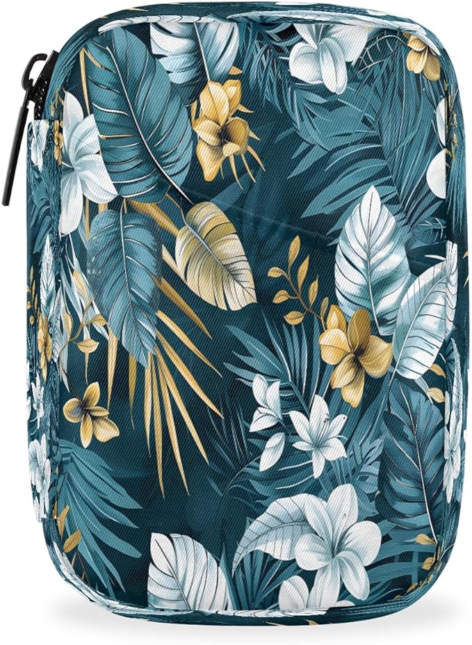 Tropical Floral Leaves Flower Travel Pill Organizer Box Weekly Portable Pill Case Daily Pills 7 Day Small Birth Control Pills Container Removable Compartments for Medicine Vitamins Fish Oil