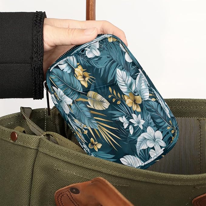 Tropical Floral Leaves Flower Travel Pill Organizer Box Weekly Portable Pill Case Daily Pills 7 Day Small Birth Control Pills Container Removable Compartments for Medicine Vitamins Fish Oil