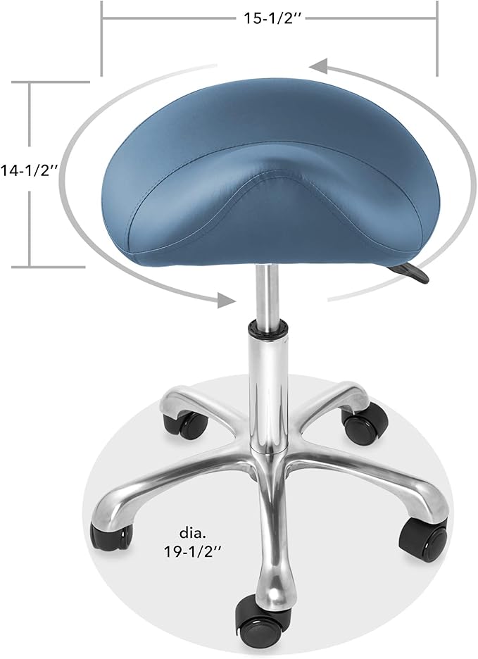 Saloniture Professional Ergonomic Saddle Stool, Blue - Adjustable Hydraulic Seat, Rolling Spa Salon, Massage, and Medical Office Chair with Swivel Wheels