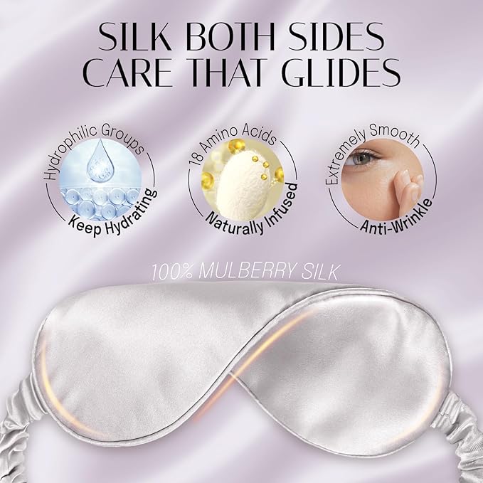OLESILK Silk Sleep Eye Mask Blindfold with Double Layer Filling for Full Night's Sleep, Silk Wrapping Strap- Luxury Eye Cover Eyeshade for Women Men with Travel Bag and Ear Plugs, Silver