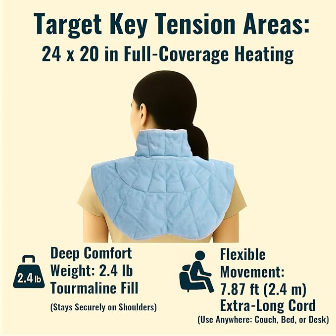 Weighted Heating Pad for Neck and Shoulders and Upper Back, Heated Neck Collar Wrap with 2.4 lb Tourmaline Fill, 30s Fast Heating, 8 Heat Levels up to 159°F, 16 Timers, Comfort Gift Set