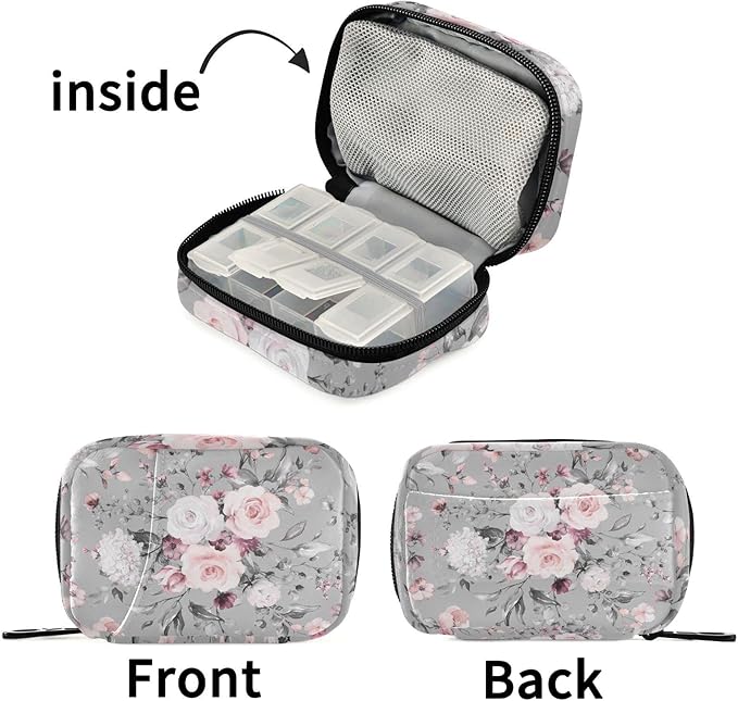 Watercolor Flower Pill Box 7 Day Pill Case Travel Pill Organizer Bag with Zipper Portable Weekly Vitamin Medicine Supplement Holder Pouch Bag