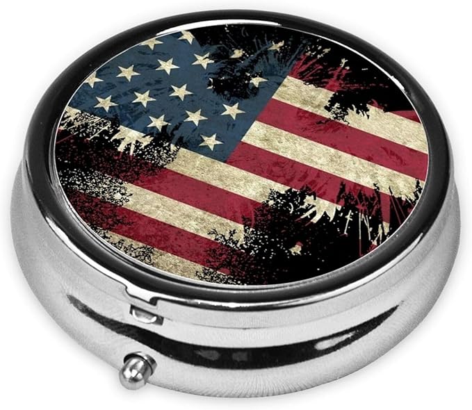 Metal Pill Organizer Travel Friendly Portable Compact Pill Box Cute Pill Case to Hold 3 Compartments (American Eagle Art USA Flag)