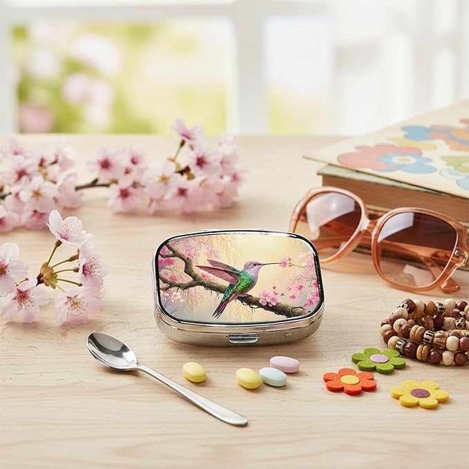 Square Pill Case Small Pill Box with Mirror Pocket 2 Compartment Vitamin Pill Medicine Case Organizer Pill Containers for Traveling Cherry Blossom Hummingbird