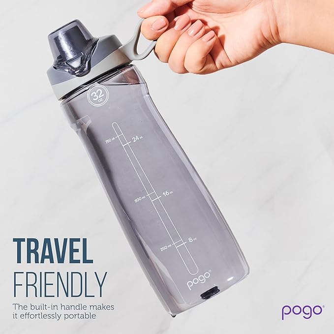 Pogo Plastic Water Bottle with Straw Lid and Carry Handle, Reusable, BPA Free, Dishwasher Safe, Perfect for Travel, School, Outdoors, and Gym | 32oz, 40oz