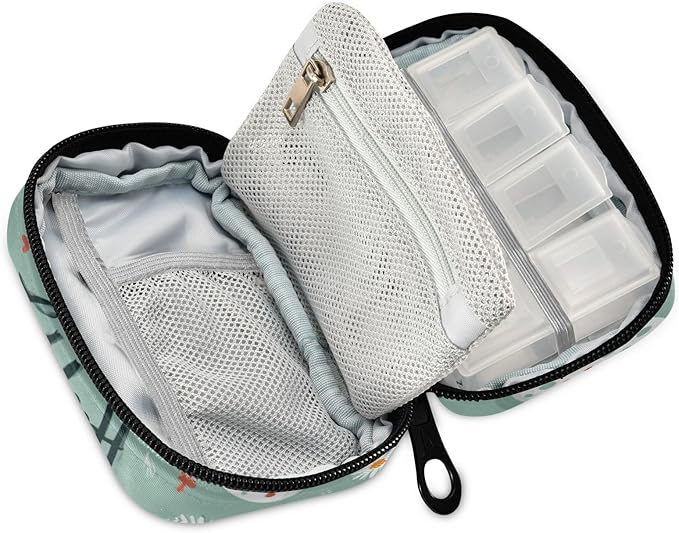 Teal Egg Daisy Easter Travel Pill Organizer Case Box Container Weekly Portable Vitamin Medicine Holder Storage Bag with Zipper Removable