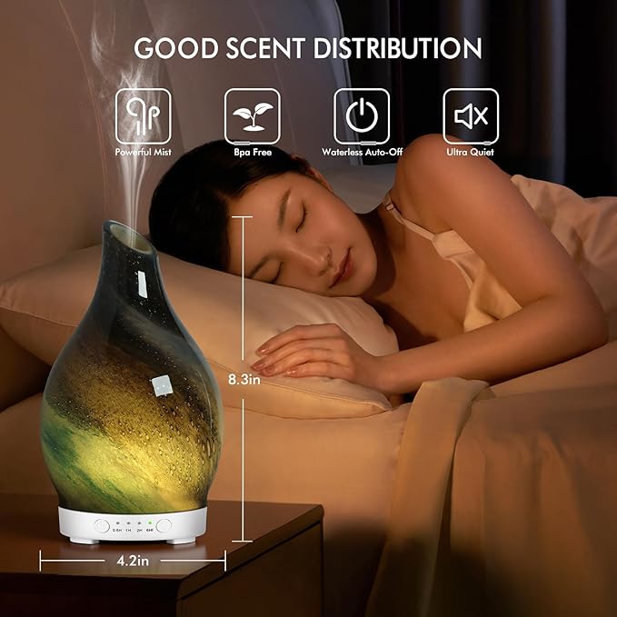 Essential Oil Diffuser Aromatherapy Diffuser - Art Glass Oil Diffuser with Auto Shut-Off Protection 4 Timer Setting 7 Colors Changed LED Night Light for Home Office Decor Gift (Starry Blue)