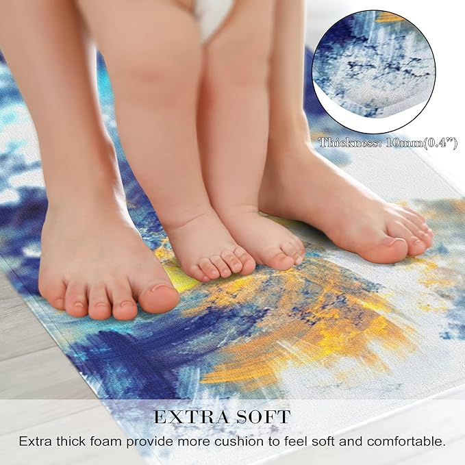 2 Pieces Kitchen Rugs, Abstract Anti Fatigue Non Slip Foam Cushioned Bright Yellow Royal Blue Modern Comfort Indoor Floor Mat Runner Rug Set for Laundry Office Sink Bathroom (17"X48"+17"X24")