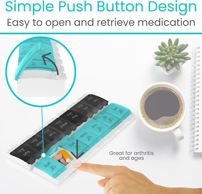 Vive Pill Organizer 2 Times a Day - Weekly Large Am Pm Pill Box 7 Day - Day and Night Medication Dispenser for Vitamin, Supplements, Fish Oil - Travel Pill Case Arthritis Friendly with Push Button