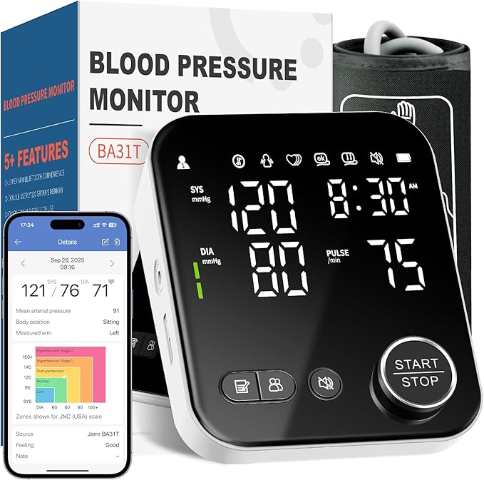 Smart Blood Pressure Monitor with Bluetooth, Automatic Upper Arm BP Machine for Home Use, Large Cuff (8.7”-16.5”), 2x120 Memory, Backlit LED Display, Storage Bag Included, Black
