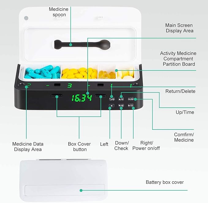 Pill Dispenser,Medicine Organizer,Weekly Pill Organizer with Smart Alarm,Remind to 7 Times a Day,Buzzer,Vibration,LED Light Display,Vitamins,Supplements,Home Pill Reminder