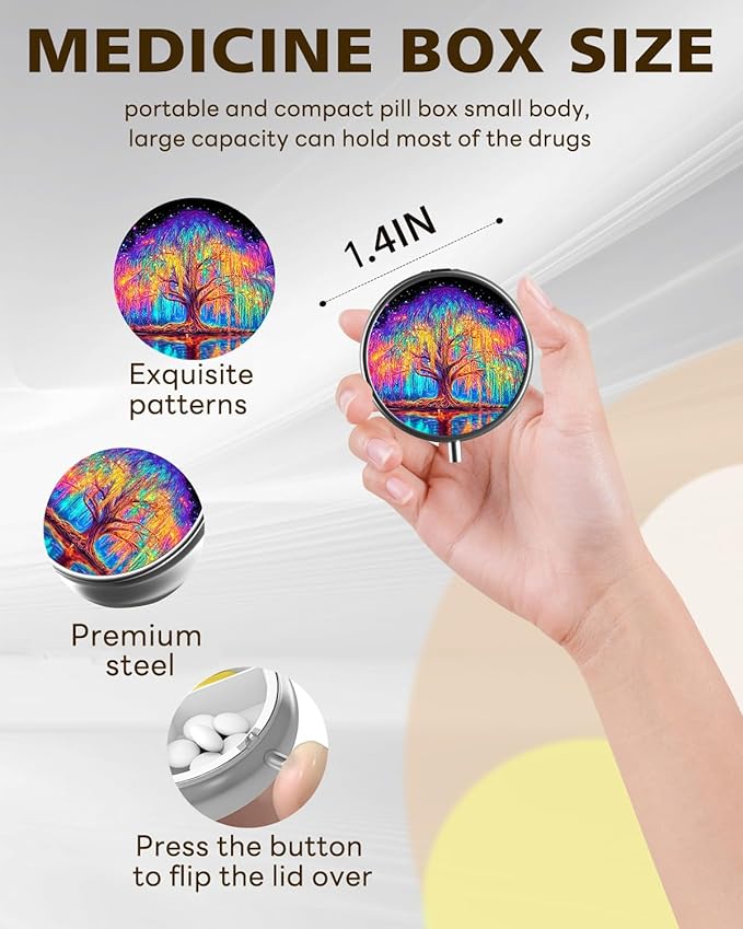 LRITER Pill Case, Portable Travel Pill Box, Pillbox Organizer, Cute Small Medicine Storage Container, Purse Accessories for Women, Men (Colorful Tree)