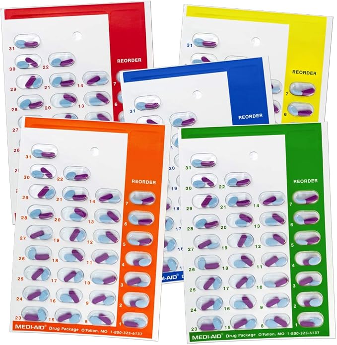 Color Coded Monthly 31 Day Medication Blister Cold Seal Cards - Daily AM/PM 3X 4X 5X a Day Pill Organizer (5 Pack - Orange Green Yellow Blue Red)