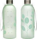 bzyoo 32oz 1 Liter Clear Water Bottle with Time Marker, Leaf Design, Durable Plastic, BPA-Free, Reusable with Measurement Markings for Fitness and Outdoor Activities (Color: Green)