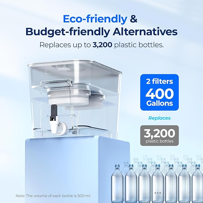 Waterdrop 40 Cup Dual Filter Dispenser, 8X Faster Filtration, 400-Gallon Lifespan, Water Filter Dispenser for Home/Office, 2 Built-in Filters, 10X Longer Lifetime, Reduces Chlorine, PFOA/PFOS, White