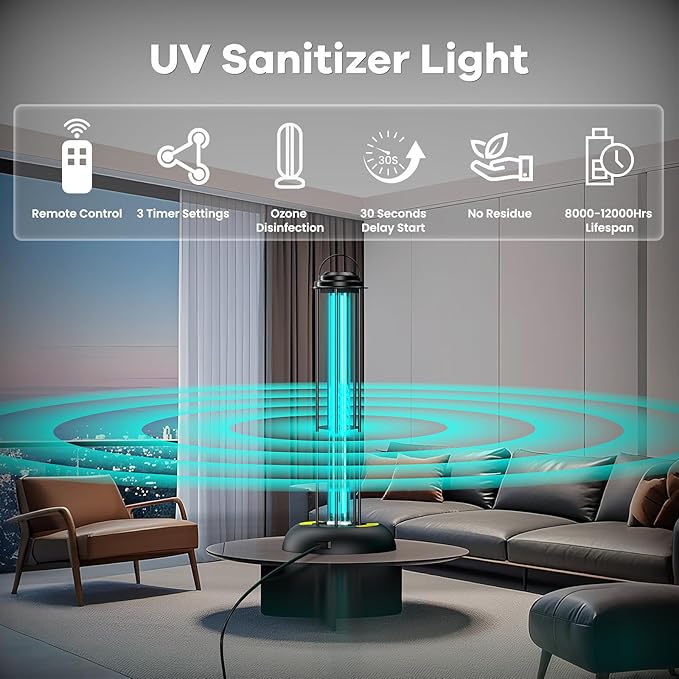 UV Light Sanitizer, 100W Ultraviolet Lamp with Remote Control for Bed Bugs and Dust Mites, Home Disinfection Device UV Lamp with Motion Sensor,3 Speed Timings for Home, Room & Kitchen
