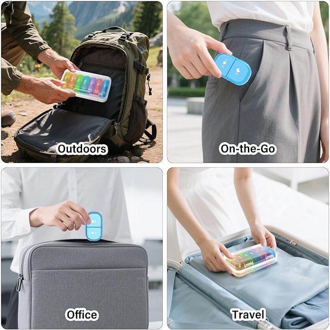 Vikie Weekly Pill Organizer 2 Times a Day with AM PM Sections, BPA-Free, Portable & Moisture-Proof for Pills, Vitamins, Supplements (2x7 Transparent + Rainbow)