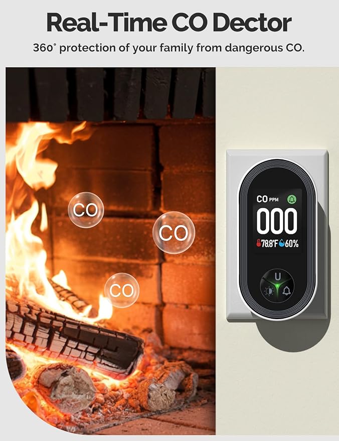 3IN1 Carbon Monoxide Detector Combination Plug in, CO Monitor with Temperature Humidity Sensor Built-in, Alarm Sound Warning for Kitchen/Garage/Fireplace/RV, 2Pack