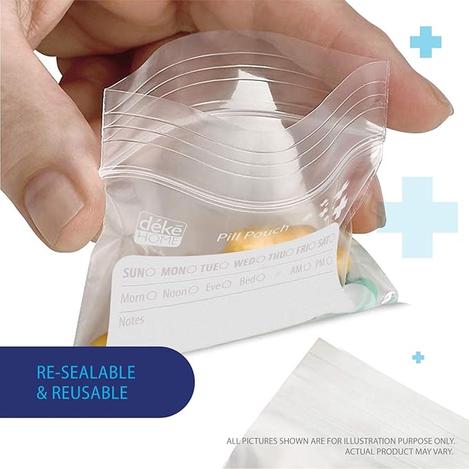 Deke Home - 250 Pack Clear Resealable Pill Bags (4x2.75 in), Travel Medicine Pouches with Write-On Label, BPA-Free Disposable Pill Organizer for Medications, Vitamins & Supplements