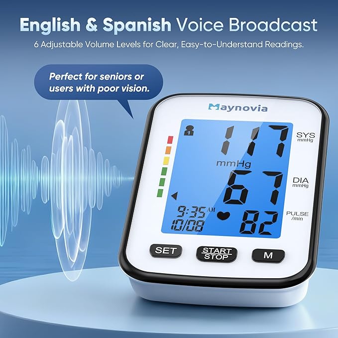 Upper Arm Blood Pressure Monitor for Home Use, Automatic Digital Blood Pressure Machine, Talking BP Monitor with English & Spanish Voice, Large Cuff 8.6”–16.5”, Backlit Display, 2-User Memory
