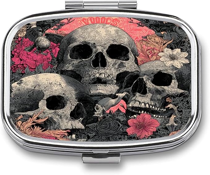 Metal Pill Organizer – 2-Compartment Pocket Pill Box for Vitamins, Supplements, Medications – Compact Travel Case (Skulls in Bloom)