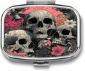 Metal Pill Organizer – 2-Compartment Pocket Pill Box for Vitamins, Supplements, Medications – Compact Travel Case (Skulls in Bloom)