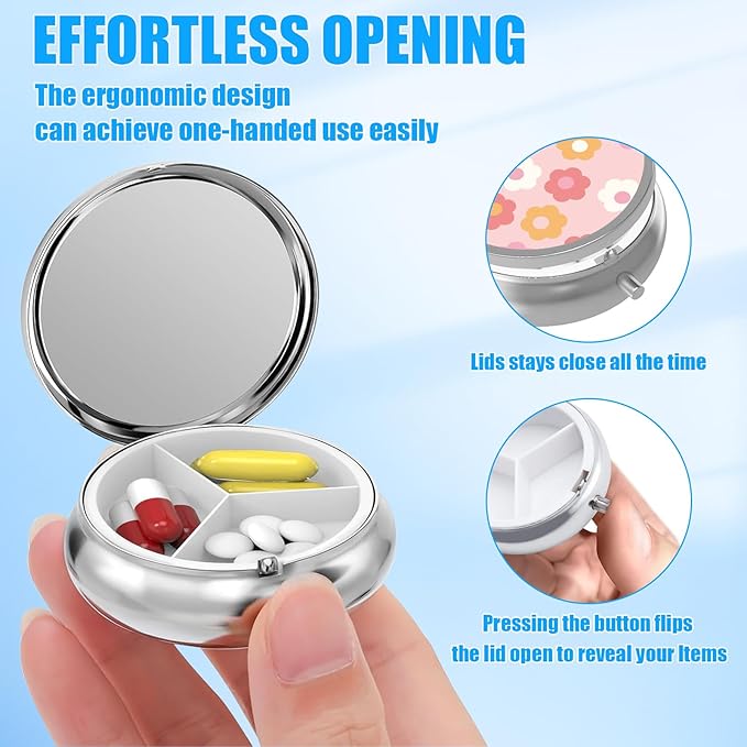 Pill Box, 3 Compartments Small Boho Pill Case Travel Portable Metal Medicine Box with Mirror Mini Container for Purse Pocket Women Men(Pink Groovy Flower)